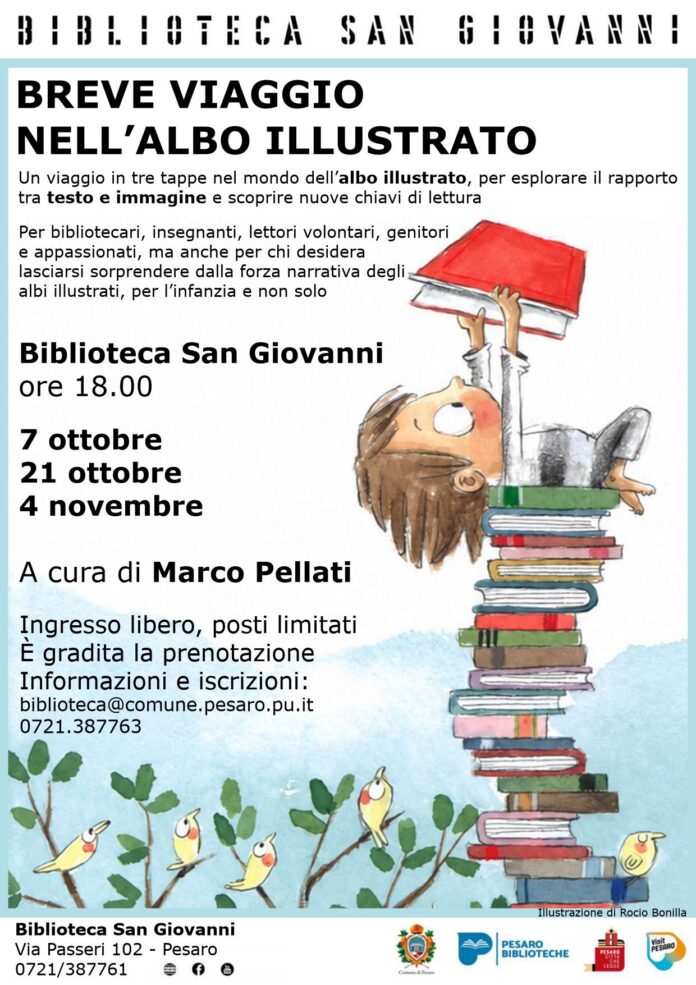 Illustrazione di una persona che si appoggia su una pila di libri con in mano un libro rosso, tratta da una locandina del progetto alla Biblioteca San Giovanni.