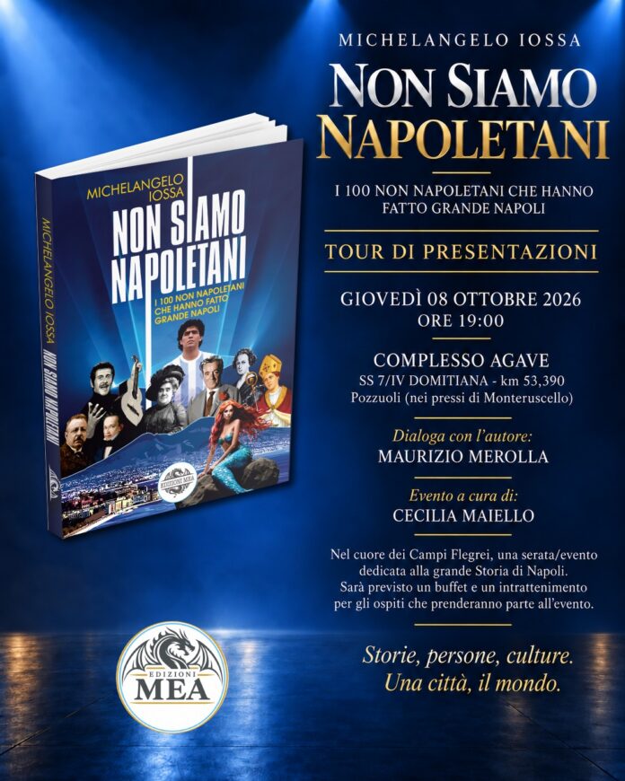 Copertina del libro Non siamo napoletani con immagini di personaggi storici e paesaggio di Napoli.