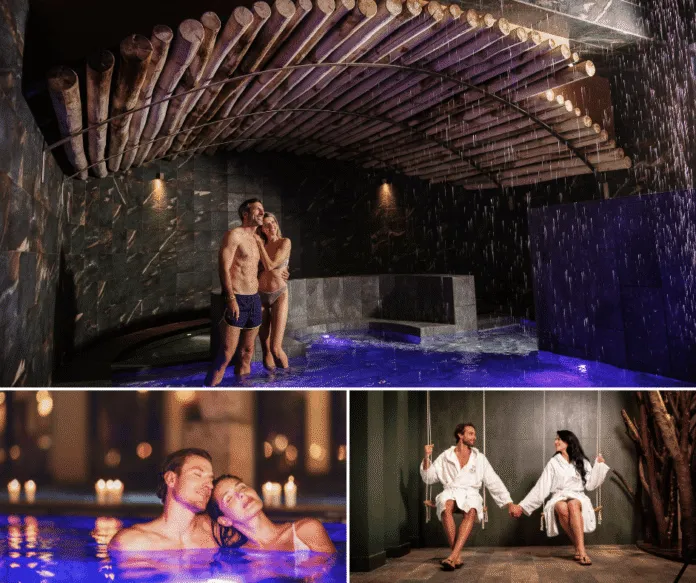 Foto di archivio di una spa con due persone in acqua calda e ambienti rilassanti, riferita ai rituali wellness dell'autunno nel mondo.