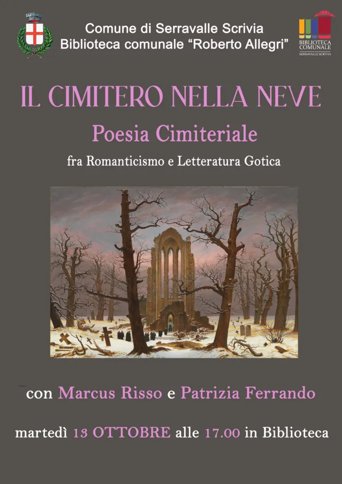 Paesaggio invernale di un cimitero con tombe e alberi spogli, sotto un cielo grigio, in stile romantico gotico.