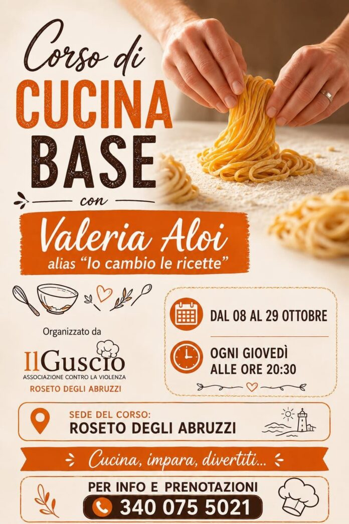 Volantino con informazioni sul corso di cucina base tenuto da Valeria Aloi con immagine di mani che raccolgono pasta fresca.