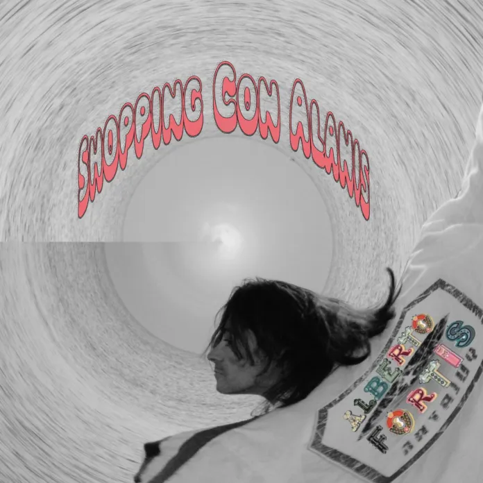 Immagine grafica con scritte colorate e figura umana in uno spazio vorticoso, tratta dal video musicale di Shopping con Alanis di Alberto Fortis.