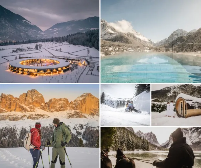 Collage di fotografie d'inverno in Alto Adige/Südtirol con montagne, attività sulla neve e strutture tipiche di montagna.