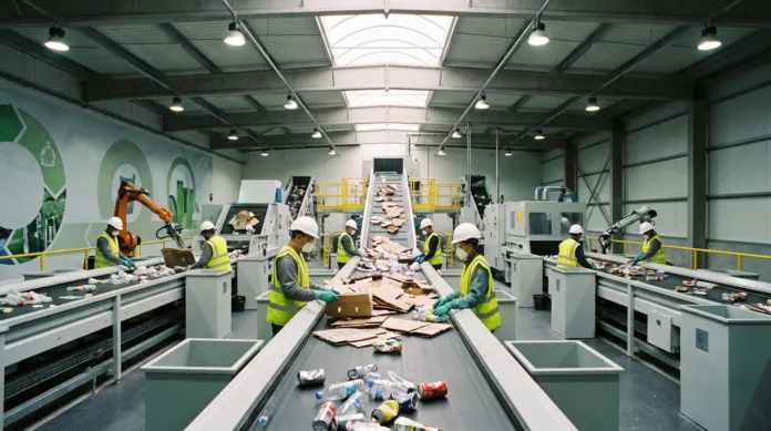 Operatori con giubbotti ad alta visibilità selezionano materiali lungo un nastro trasportatore in un impianto.
