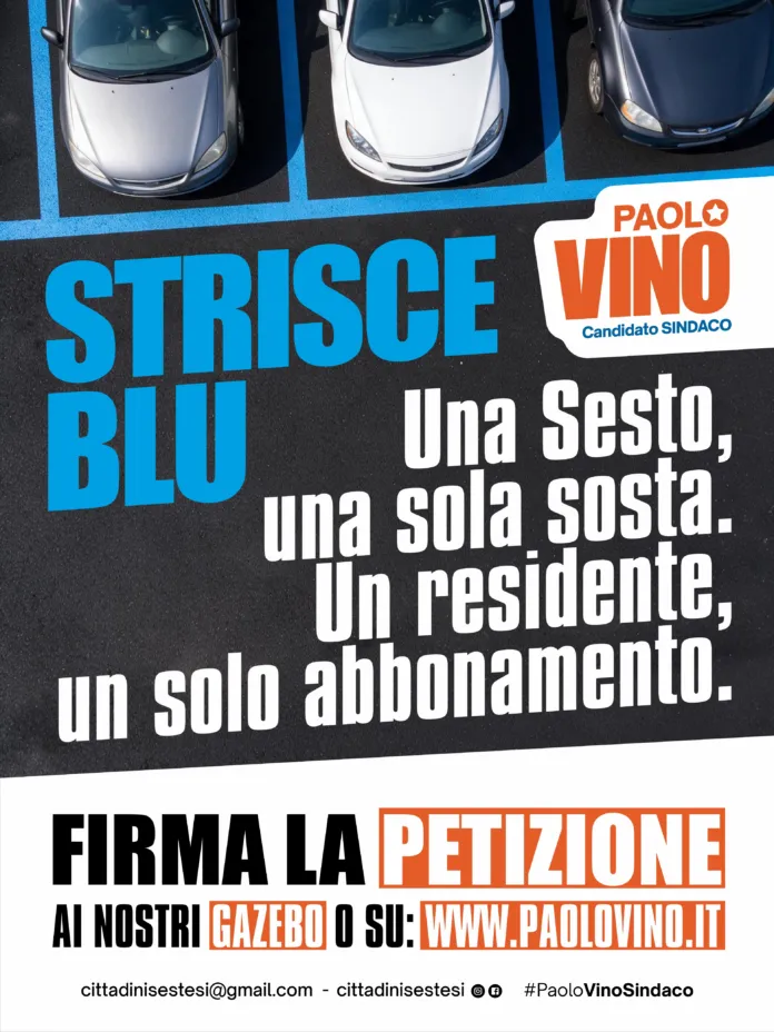 Cartello promozionale della petizione 'Strisce Blu' con testo 'Una Sesto, una sola sosta. Un residente, un solo abbonamento' e vista dall'alto di automobili parcheggiate su strisce blu.