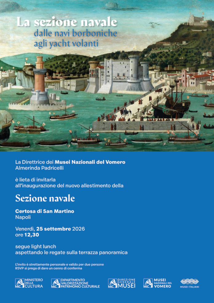 Dipinto storico che mostra navi borboniche nel porto vicine alla Certosa di San Martino a Napoli.