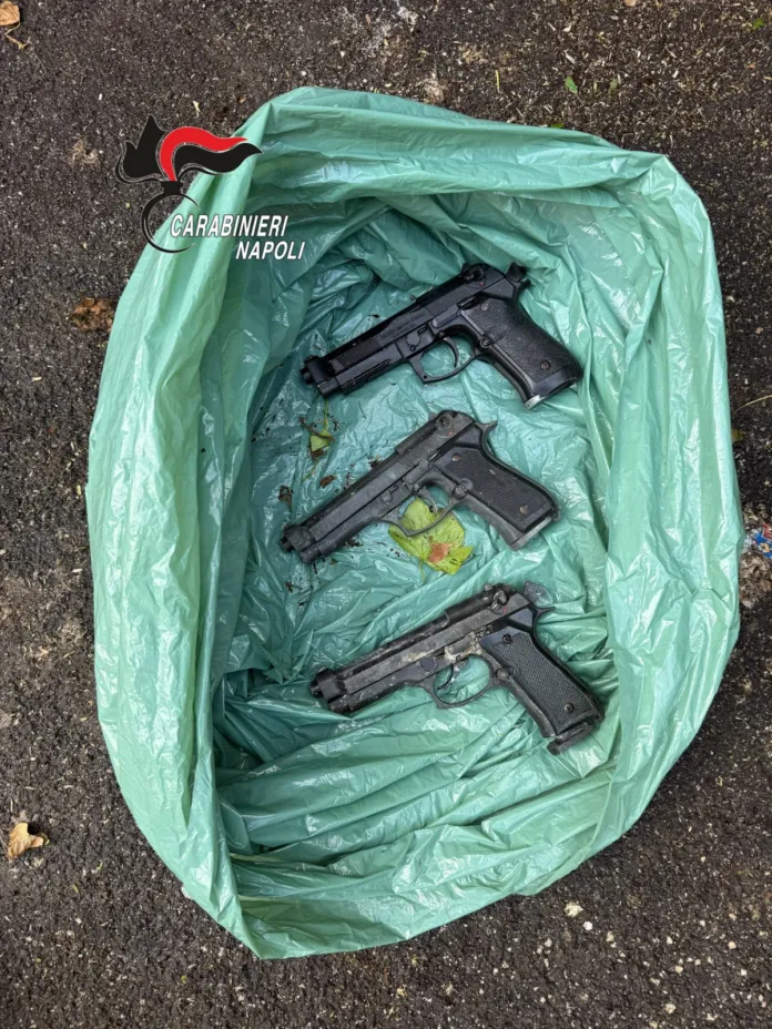 Tre pistole scure dentro una busta di plastica verde appoggiata a terra.