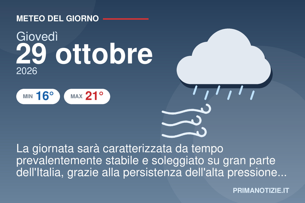 Meteo del giorno giovedì 29 ottobre 2026